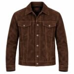 Wilder brown suede leather jacket with flap chest pockets, metal buttons, and detailed stitching