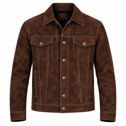 Wilder brown suede leather jacket with flap chest pockets, metal buttons, and detailed stitching