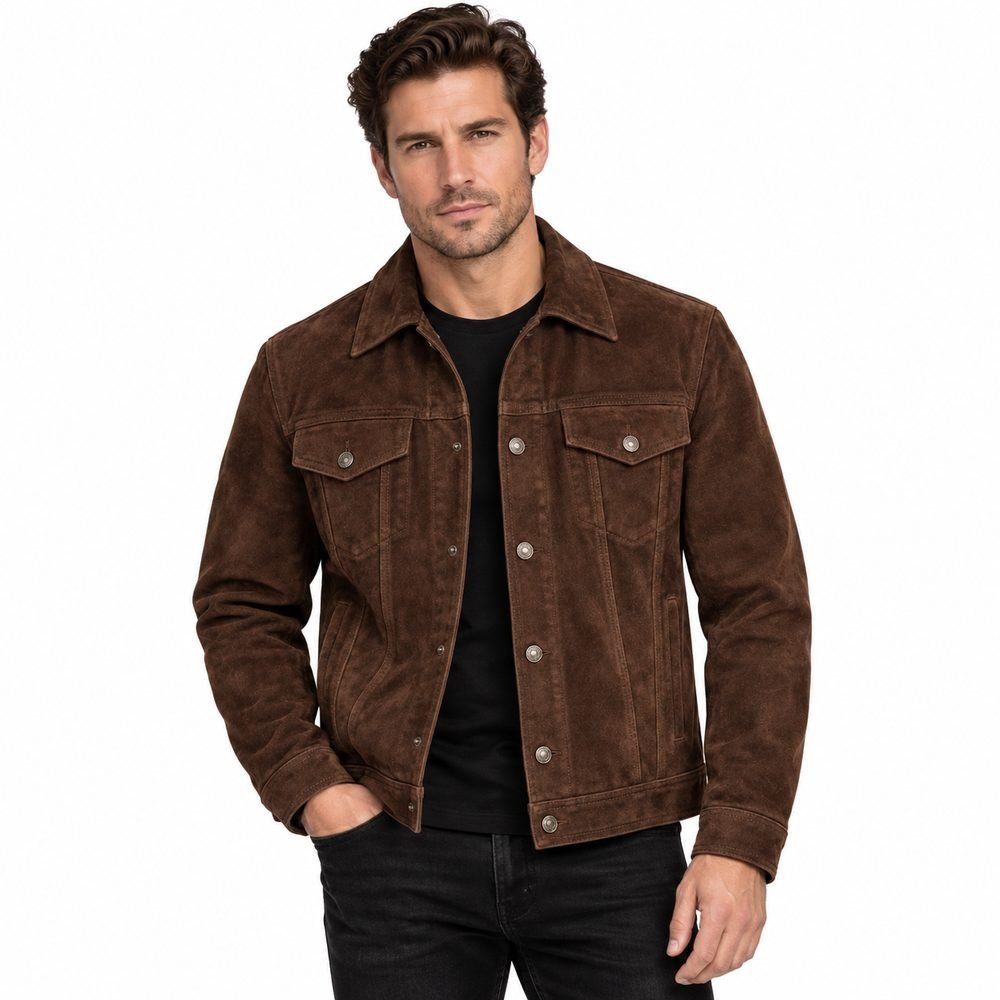 wilder-brown-suede-leather-jacket Wilder brown suede leather jacket with pointed collar and button closure