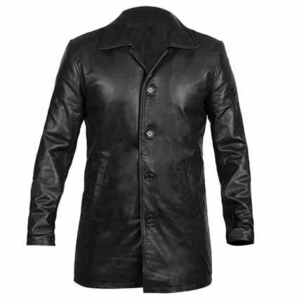Will Smith Inspired Black Leather Coat featuring a long silhouette, premium leather, button-front closure, and a timeless classic design.