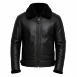 Zac Efron Inspired Black Aviator Shearling Jacket for men crafted from premium genuine leather with a soft shearling lining, B3 bomber design, buckle collar, and front zip closure.