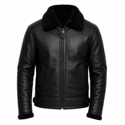 Zac Efron Inspired Black Aviator Shearling Jacket for men crafted from premium genuine leather with a soft shearling lining, B3 bomber design, buckle collar, and front zip closure.