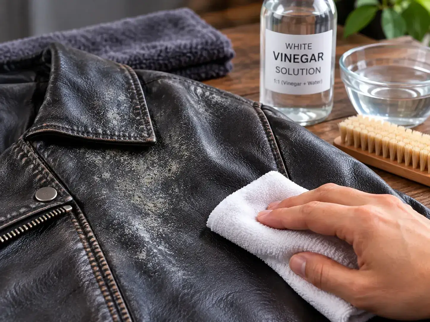 Cleaning mold off a leather jacket with a microfiber cloth and vinegar solution