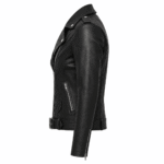 Women’s black leather biker jacket with classic moto design and zip details on white background.