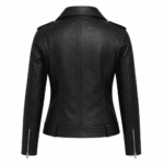 Women’s black leather biker jacket with classic moto design and zip details on white background.