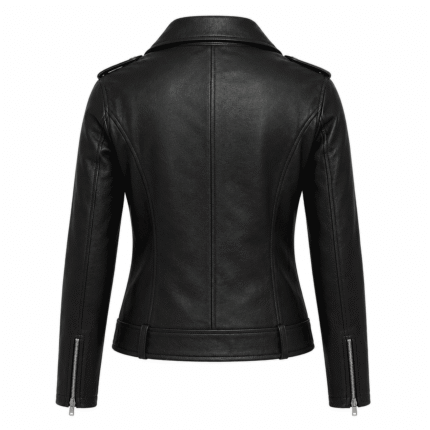Women’s black leather biker jacket with classic moto design and zip details on white background.