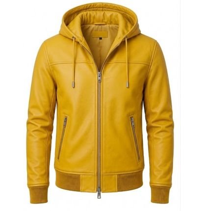 Men’s mustard yellow hooded leather jacket with front zipper and zippered pockets