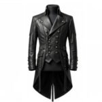 Luxury Men's Black Leather Gothic Military Coat with long tailored silhouette, decorative button front, and premium leather construction.