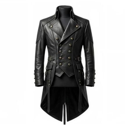 Luxury Men's Black Leather Gothic Military Coat with long tailored silhouette, decorative button front, and premium leather construction.