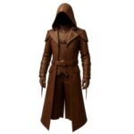 Luxury Men's Brown Hooded Leather Assassin Coat with premium leather, oversized hood, zipper front, utility pockets, and long tailored design.