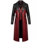Men's Black & Red Leather Gothic Trench Coat featuring a premium leather finish, long tailored design, button-front closure, and bold gothic style.