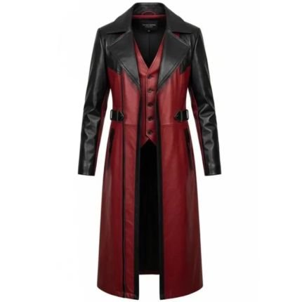 Men's Black & Red Leather Gothic Trench Coat featuring a premium leather finish, long tailored design, button-front closure, and bold gothic style.
