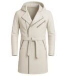 Arctic Luxe Men's White Hooded Leather Trench Coat with Belt and Longline Design