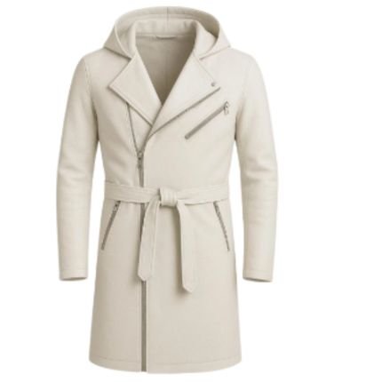 Arctic Luxe Men's White Hooded Leather Trench Coat with Belt and Longline Design