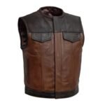 ForgeCraft Men's Premium Brown and Black Genuine Leather Utility Vest with Multiple Cargo Pockets