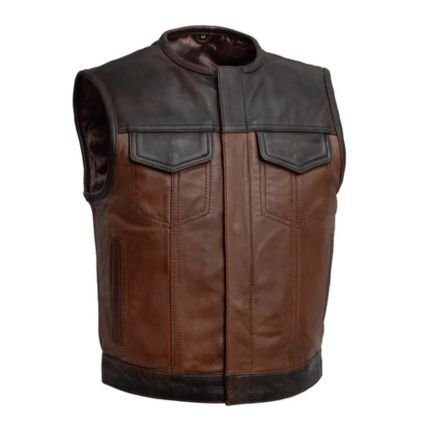 ForgeCraft Men's Premium Brown and Black Genuine Leather Utility Vest with Multiple Cargo Pockets