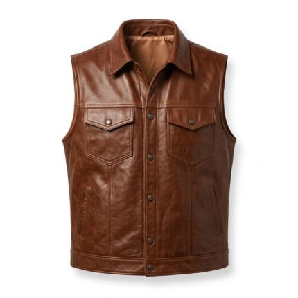 Ironcrest Men's Heritage Brown Genuine Leather Vest with Snap Button Front and Utility Pockets