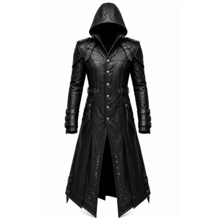Men’s black gothic hooded leather trench coat with front button closure and long stylish design.