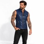 Abyss Blue leather vest featuring a stand-up collar, silver zipper, snap-flap chest pockets, and a rich navy finish.