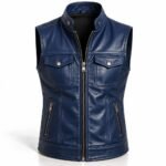 Abyss Blue leather vest with textured leather, metallic hardware, stitched panels, and practical zippered pockets.