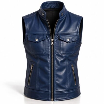 Abyss Blue leather vest with textured leather, metallic hardware, stitched panels, and practical zippered pockets.