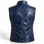 Abyss Blue leather vest featuring a structured back, clean seam detailing, smooth armhole edges, and a reinforced hem.