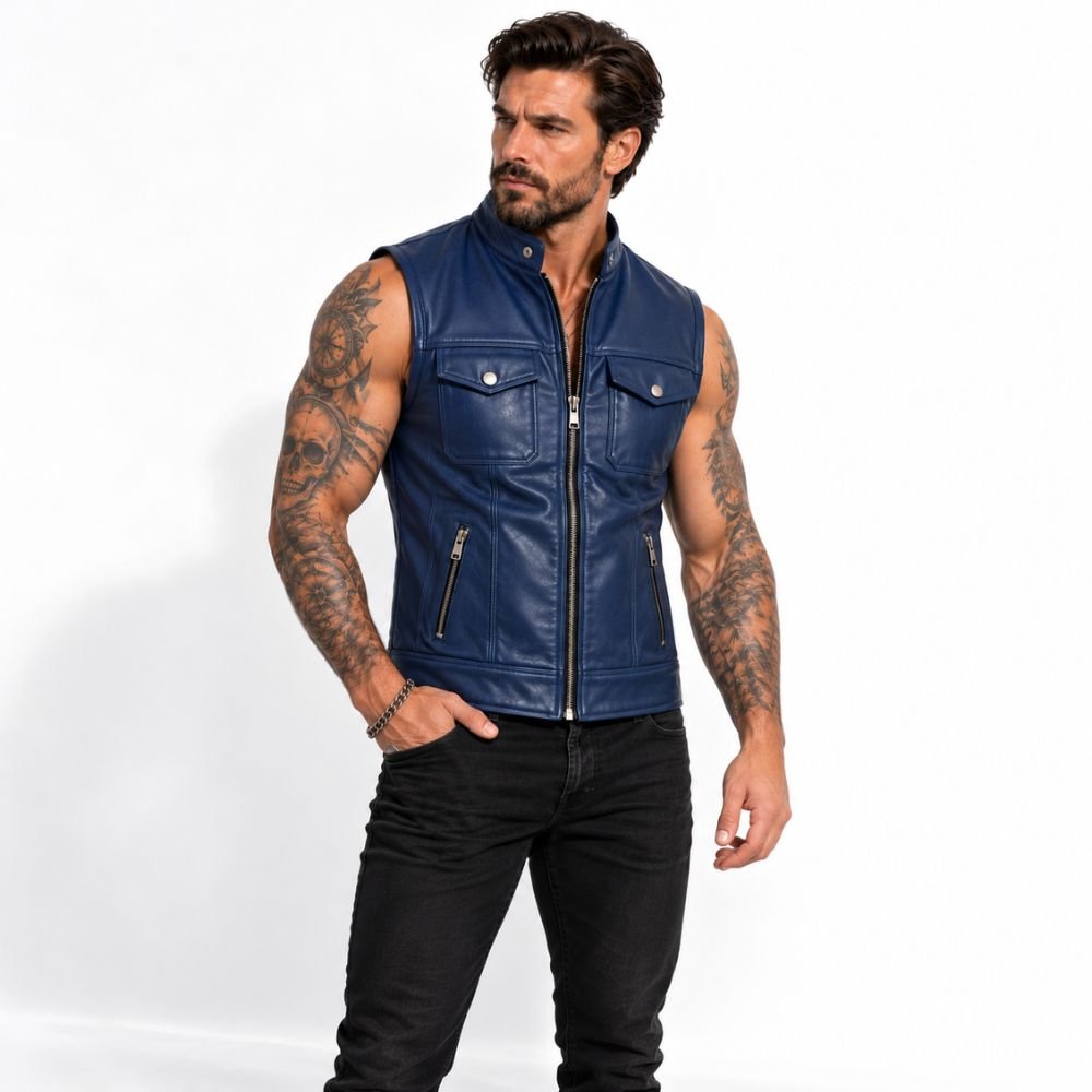 abyss-blue-leather-vest Abyss Blue leather vest featuring a stand-up collar, silver zipper, snap-flap chest pockets, and a rich navy finish.