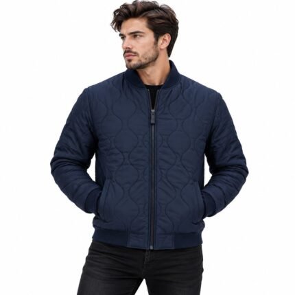 AetherForge Men’s Navy Puffer Jacket with wave quilting, ribbed collar, front zipper, and practical side pockets