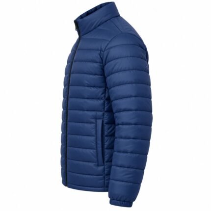 Arctic Dominion men’s blue puffer jacket showing the side construction, padded sleeve, horizontal quilting, raised collar, side pocket, and full-length zipper.
