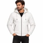 Arctic Edge white leather hooded jacket with silver center zipper, drawstring hood and zippered pockets