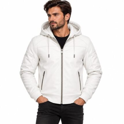 Arctic Edge white leather hooded jacket with silver center zipper, drawstring hood and zippered pockets