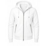 Arctic Edge White Leather Hooded Jacket for Men – Premium Front View