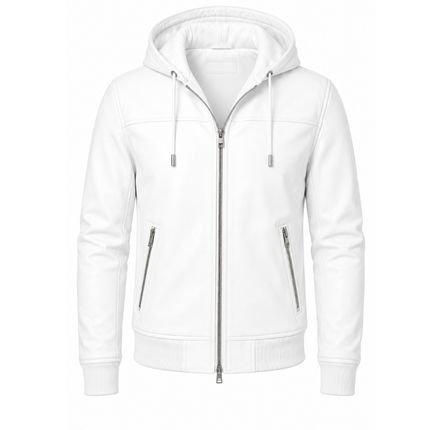 Arctic Edge White Leather Hooded Jacket for Men – Premium Front View