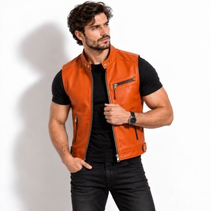 Man wearing the Cinderstrike Orange Leather Vest with a stand collar, silver zipper, and practical chest pockets.