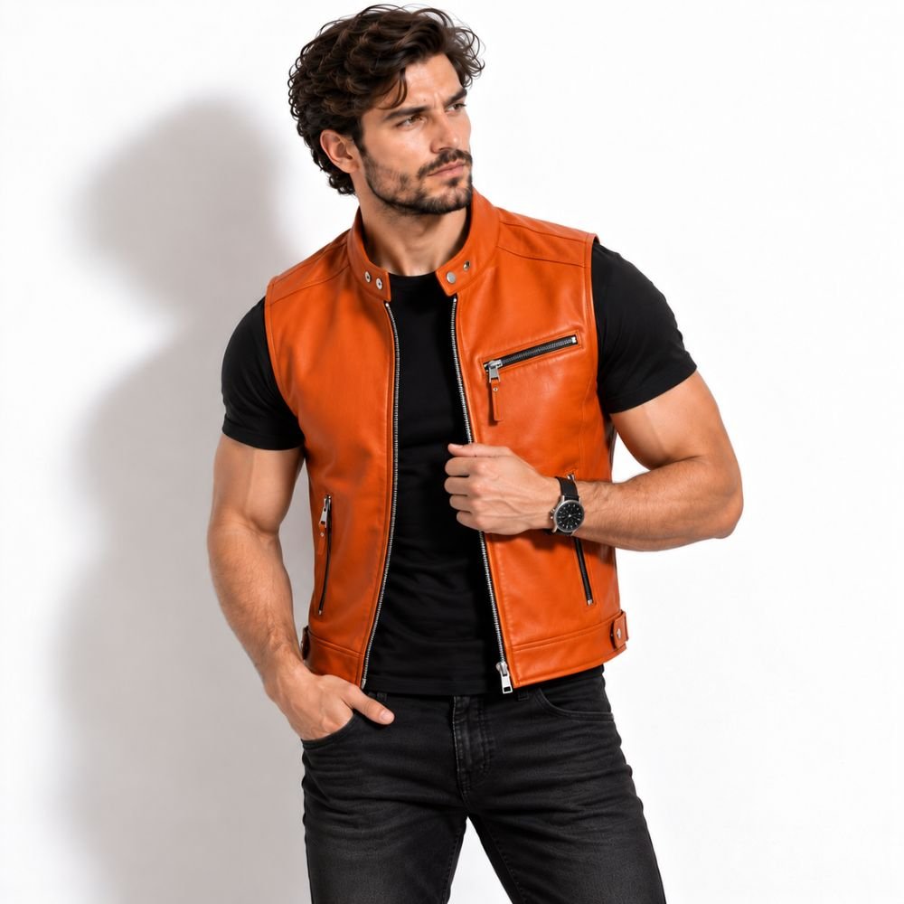 cinderstrike-orange-leather-vest Man wearing the Cinderstrike Orange Leather Vest with a stand collar, silver zipper, and practical chest pockets.
