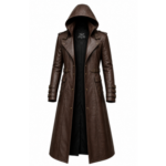 Classic brown leather hooded overcoat for men with long design, adjustable belts, and stylish front details.