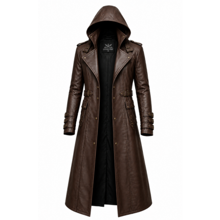 Classic brown leather hooded overcoat for men with long design, adjustable belts, and stylish front details.