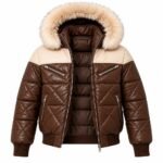 Brown quilted leather winter jacket featuring a cream shoulder panel, plush fur hood and ribbed hem