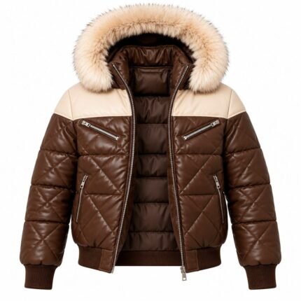 Brown quilted leather winter jacket featuring a cream shoulder panel, plush fur hood and ribbed hem