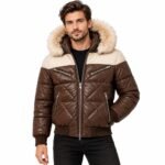 Men’s brown leather hooded jacket with cream upper panel, quilted construction and silver zippers