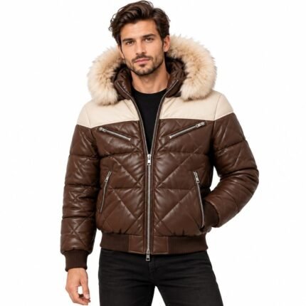 Men’s brown leather hooded jacket with cream upper panel, quilted construction and silver zippers