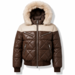 Brown quilted leather puffer jacket with fur hood, cream shoulder panel, zip pockets, and padded design.