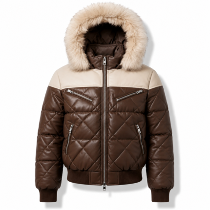 Brown quilted leather puffer jacket with fur hood, cream shoulder panel, zip pockets, and padded design.