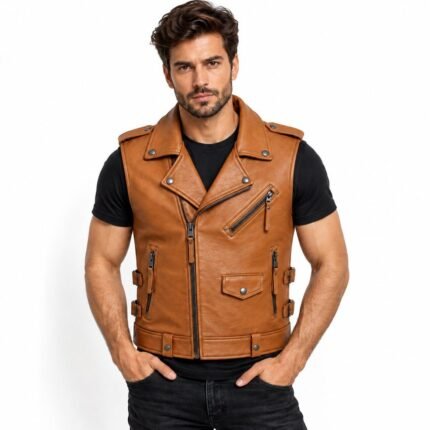 Cognac brown leather vest with wide biker lapels, asymmetrical zipper, and multiple utility pockets