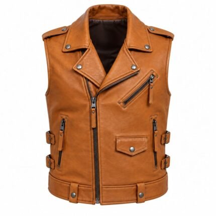 Cognac brown leather vest featuring snap-button lapels, zippered chest pocket, side buckles, and textured leather finish