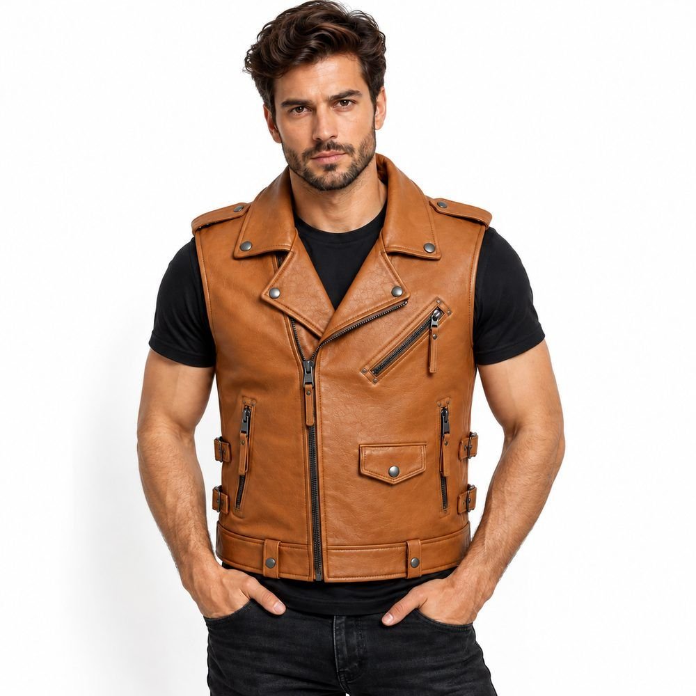 cognac-brown-leather-vest Cognac brown leather vest with wide biker lapels, asymmetrical zipper, and multiple utility pockets