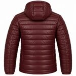 Crimson Burgundy Puffer Jacket showing its padded hood, structured quilted back, long sleeves, contoured seams, and burgundy leather finish.
