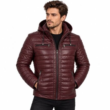 Man wearing the VOLT Red Puffer Jacket with raised collar, horizontal quilted panels, full front zipper, and practical zippered pockets against a white background.