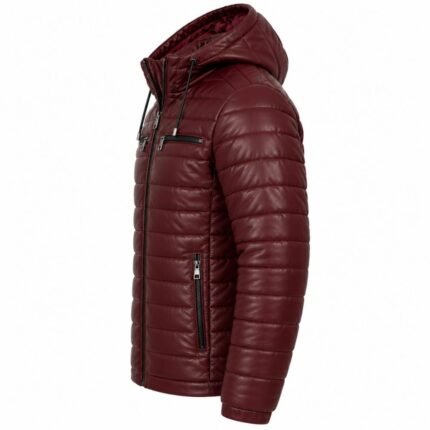 Crimson Burgundy Puffer Jacket showing its side construction, padded hood, quilted sleeve, zippered side pocket, front zipper, and textured leather finish.