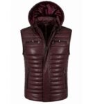Crimson Edge Men's Burgundy Hooded Leather Puffer Vest with Quilted Insulated Design